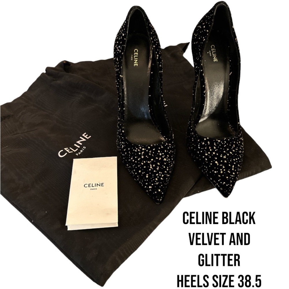 CELINE “SHARP PUMP” IN GLITTER DOTS VELVET BLACK SIZE 38.5